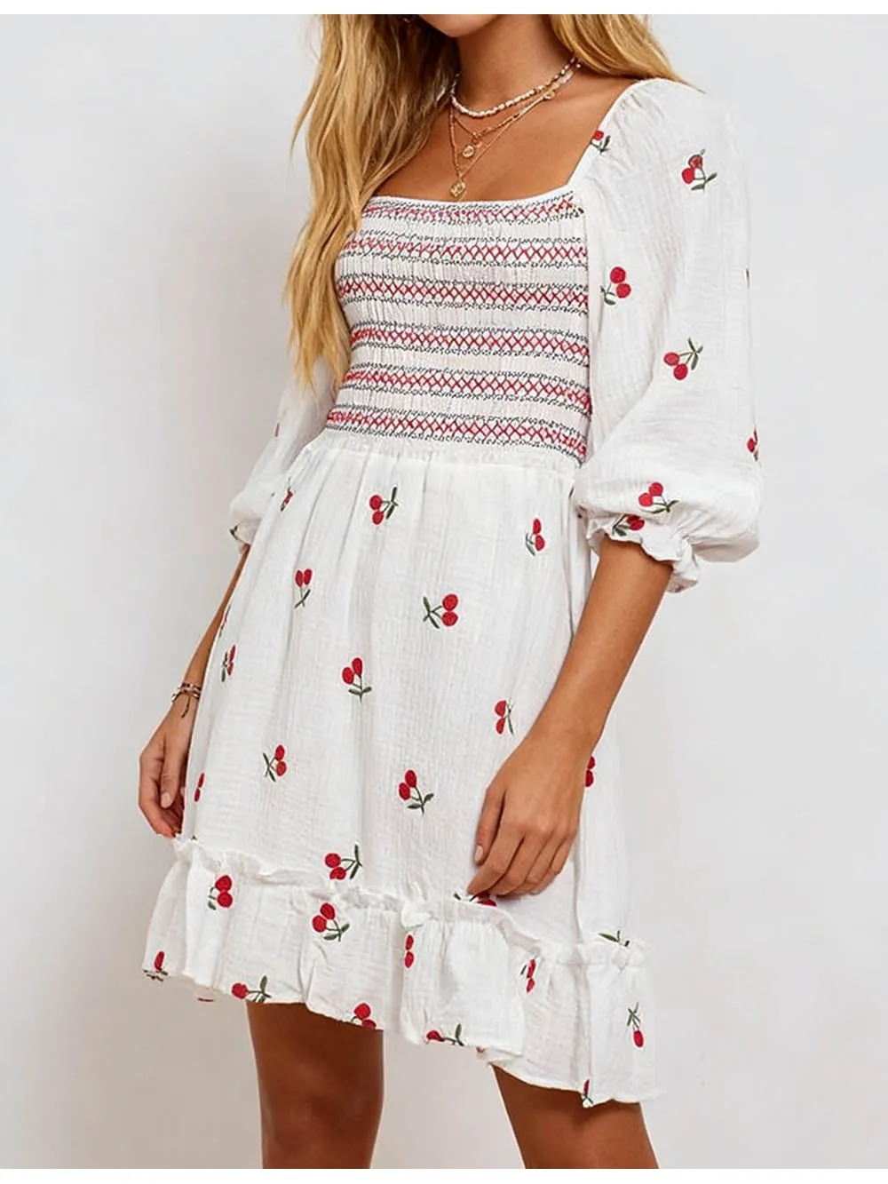 Cherry Embroidery Square Neck Puff Sleeves Mini Dress
