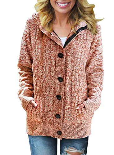 Women Hooded Knit Cardigans Button Cable Sweater Coat