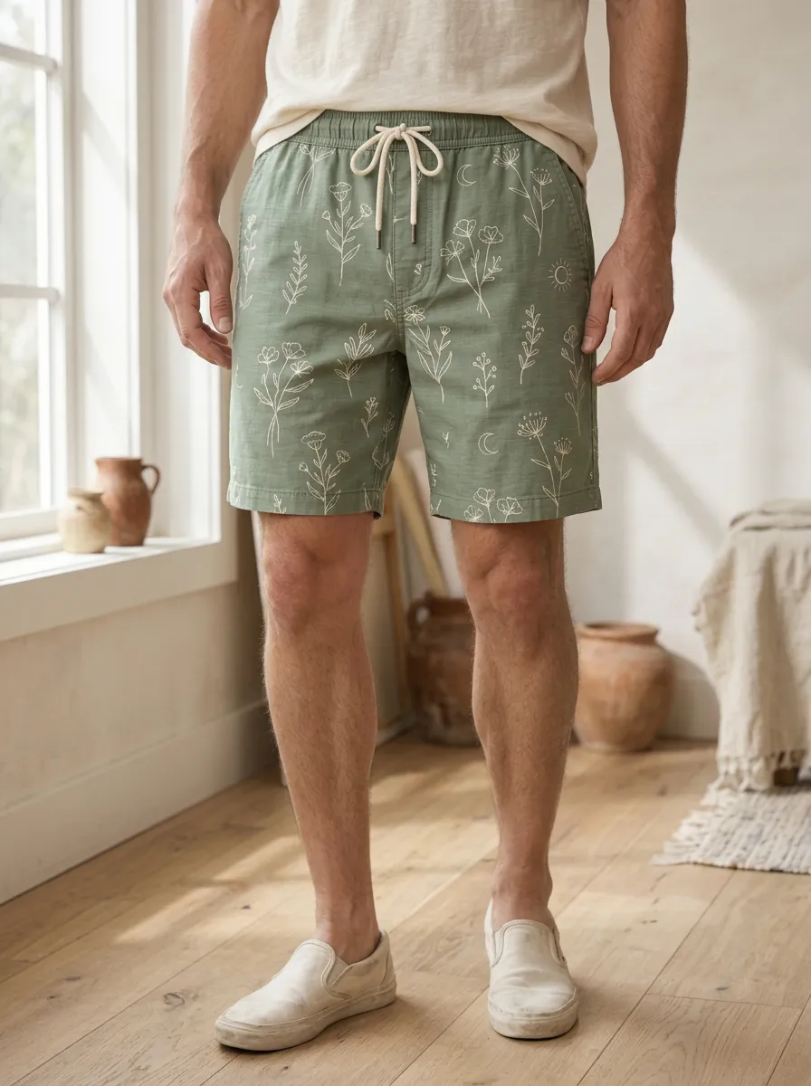Men's Botanical Nature Wildflower Moon Drawstring Shorts