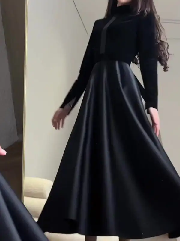 Joint Pleated Long Neck Maxi Dress