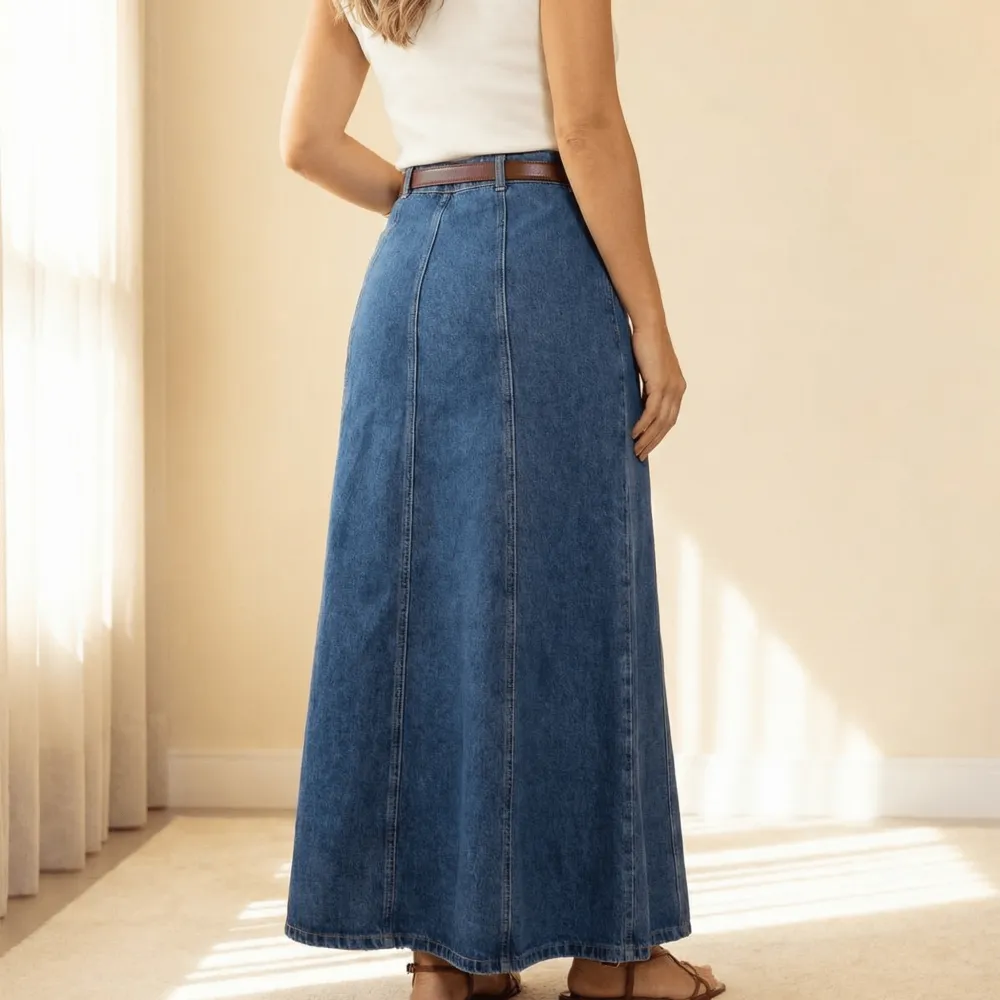 Flattering High Waist Denim Maxi Skirt Jeans