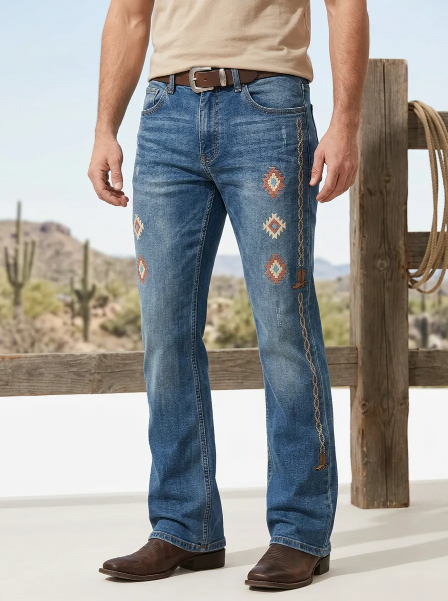 Men's Classic Western Cowboy Southwestern Geometric Jeans