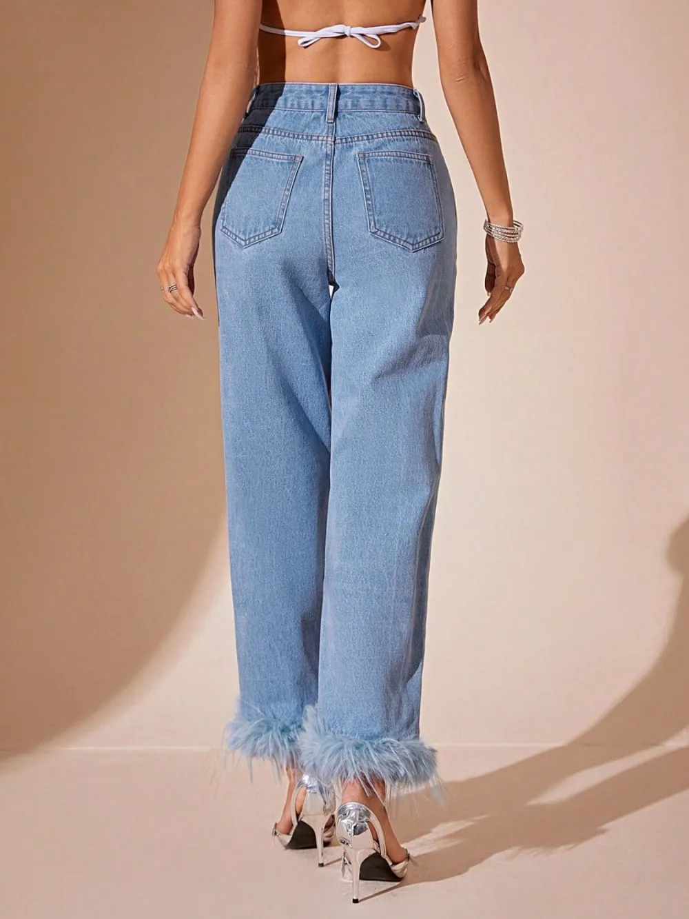 Plush Hem High Rise Straight Denim Jeans