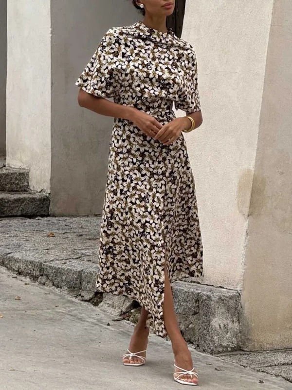 Elegant Satin Floral Print Slit Midi Dress