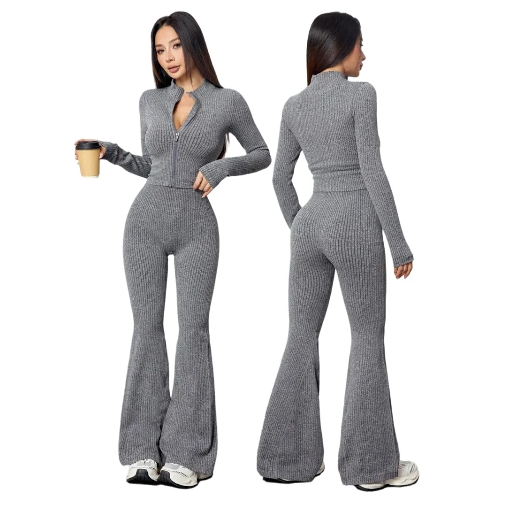 Women's Two-Piece Set, Autumn Winter Knit Ribbed Jacket & High-Waisted Flare Pants
