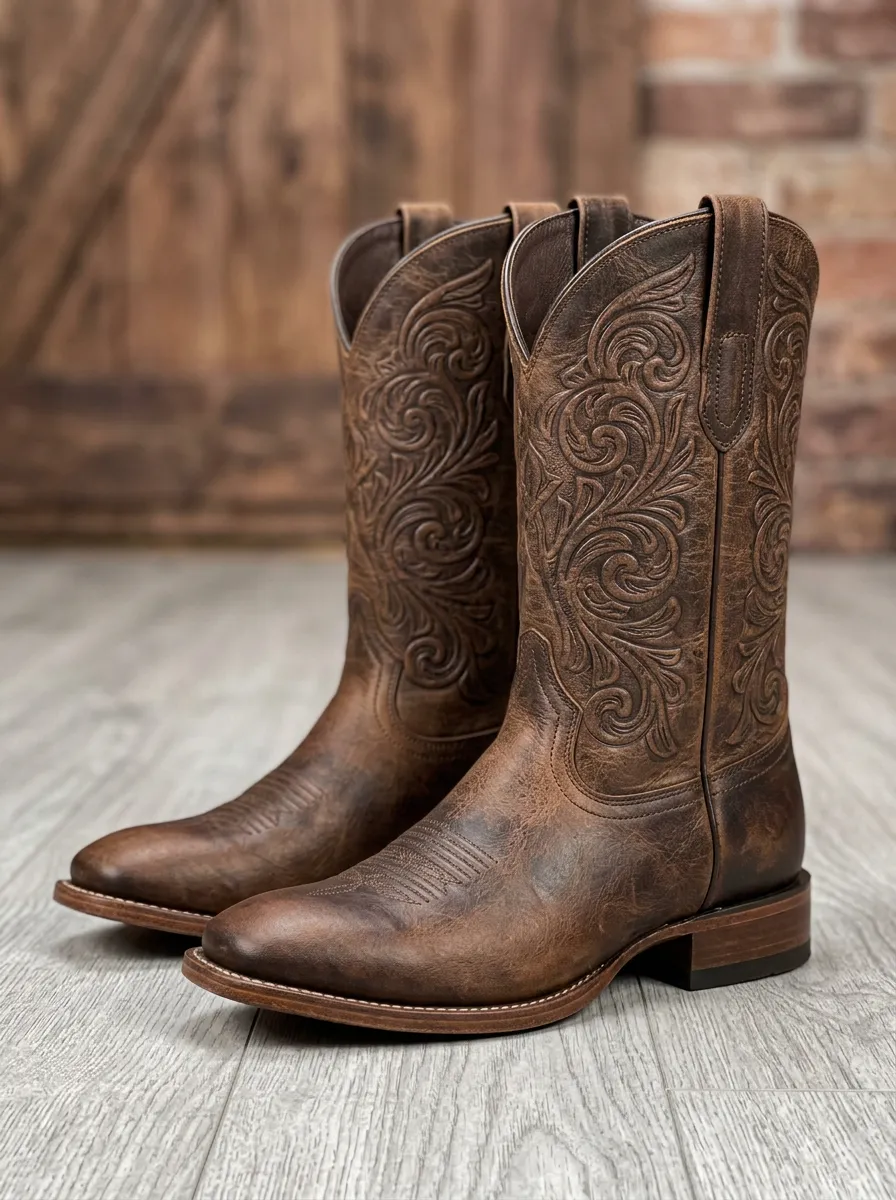 Men's Rustic Floral Frontier Look Western Cowboy Boots