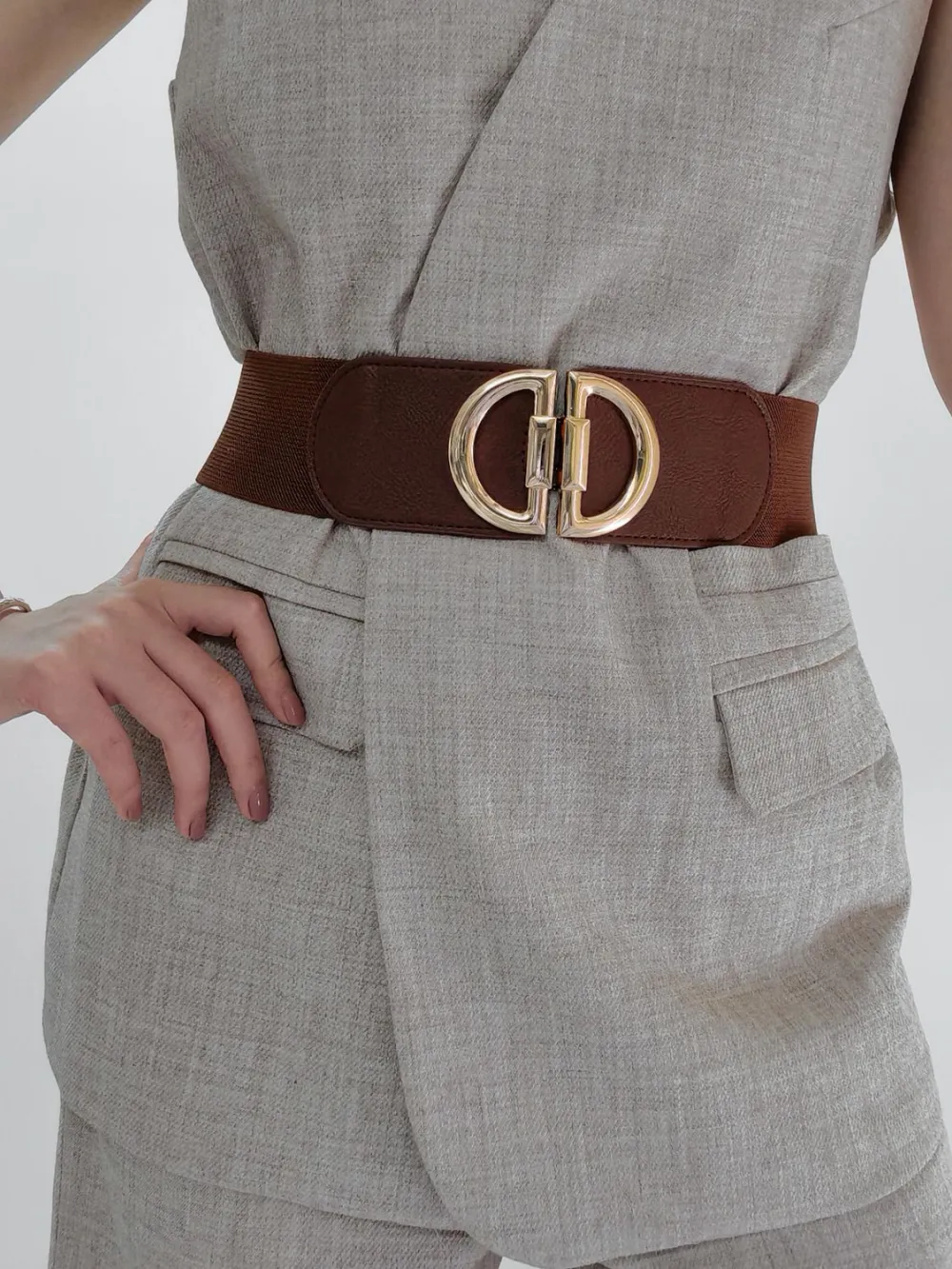 D-Buckle Vegan-Leather Elastic Waist Belt