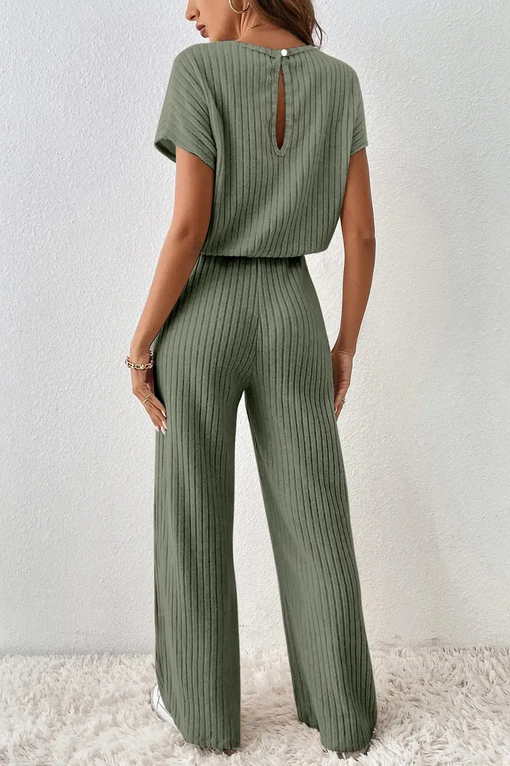 Ribbed Short Sleeve Wide Leg Jumpsuit Shorts
