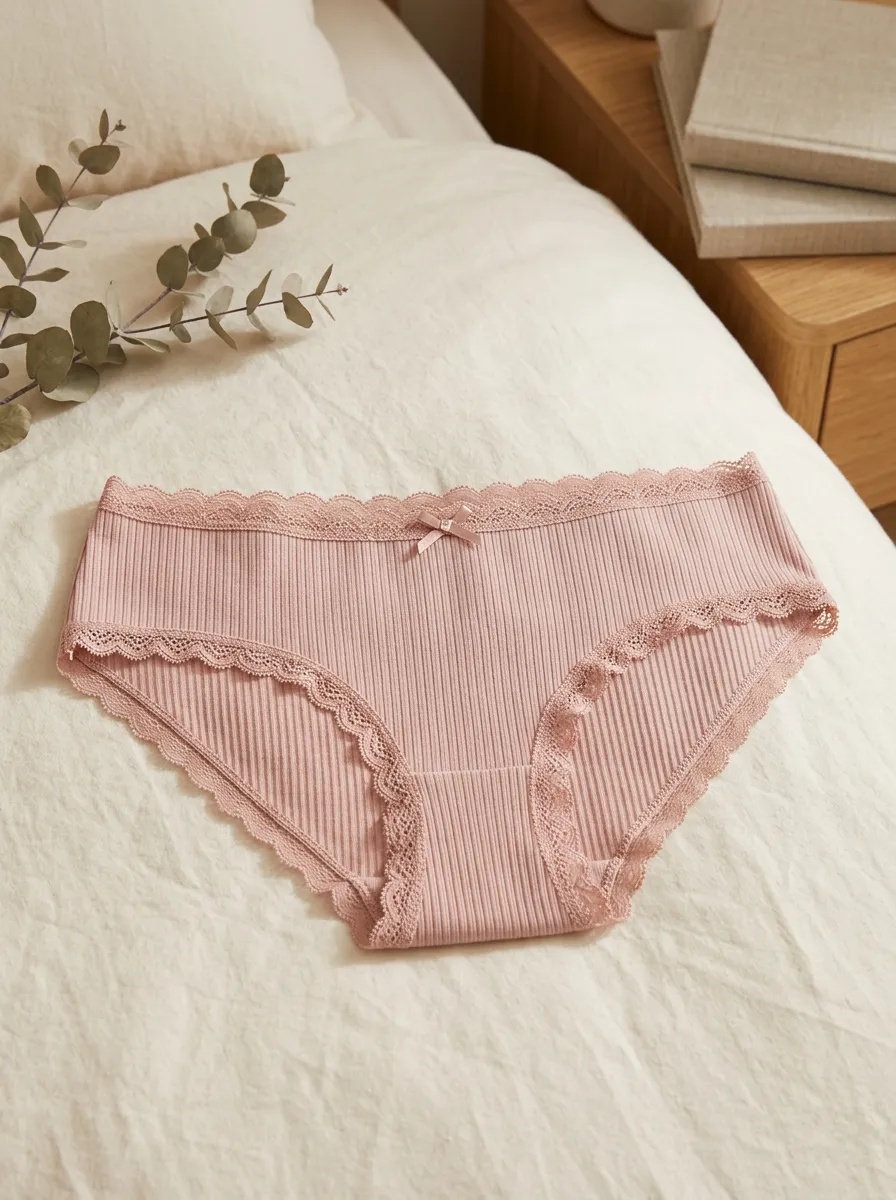 Women's Pink Ribbed Lace Trim Bowknot Decorated Panties