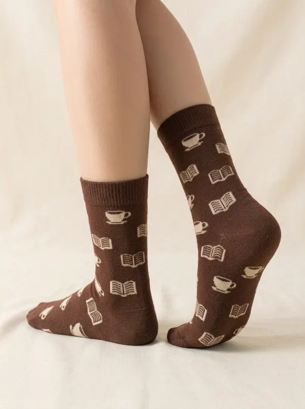 Coffee-Motif Book-Motif Casual Socks