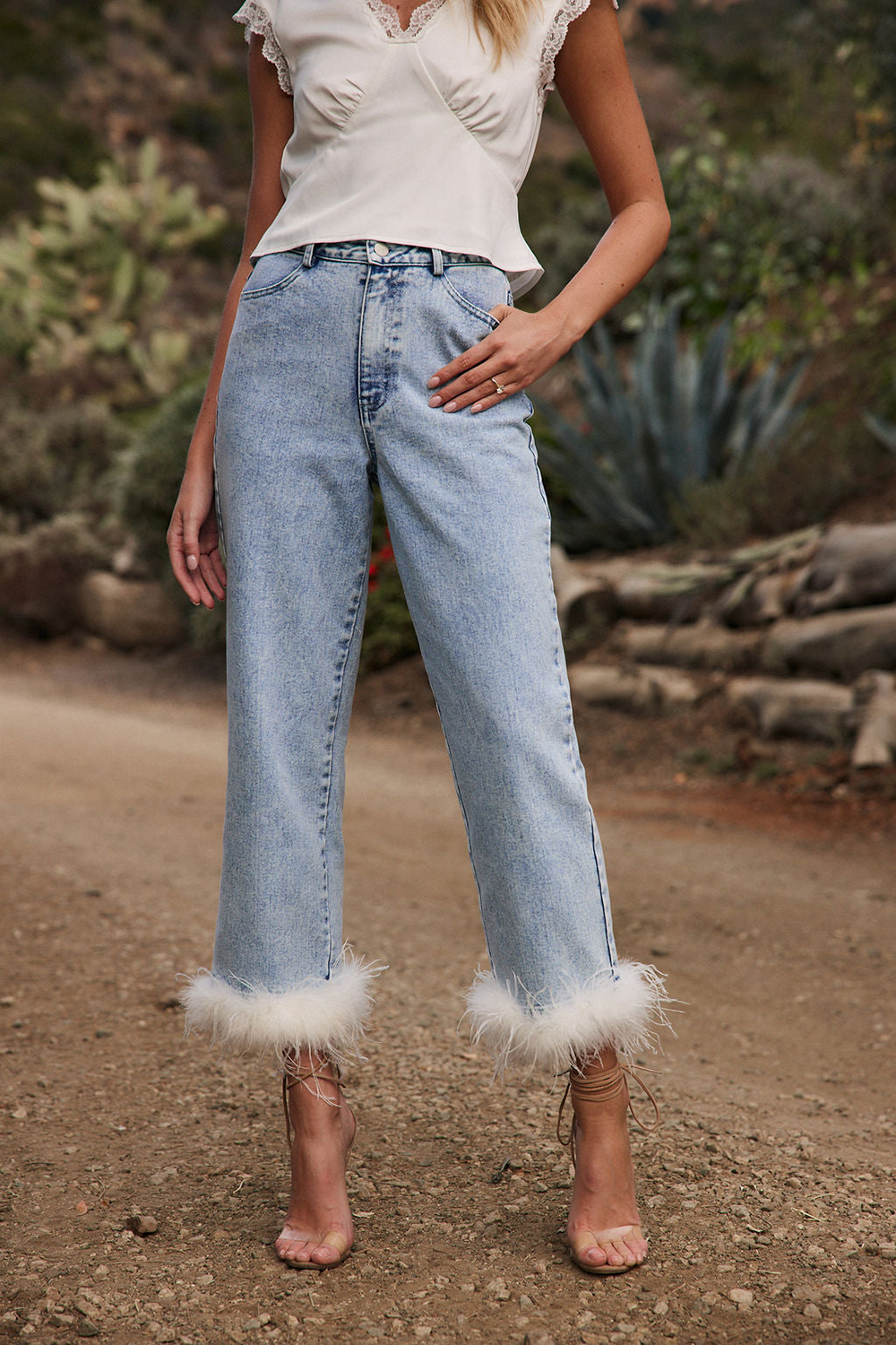 Faux Feather Trim Jeans