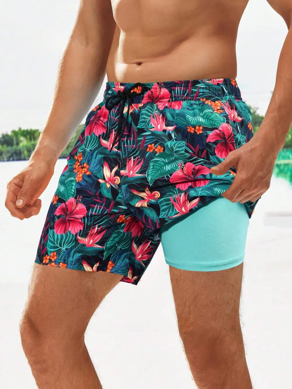 Men's Tropical Print Drawstring Layered Liner Swim Trunks