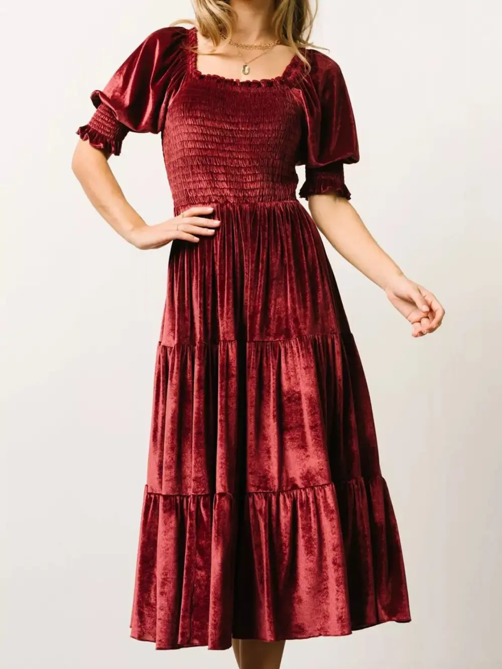 Velvet Tiered Smocked Midi Dress