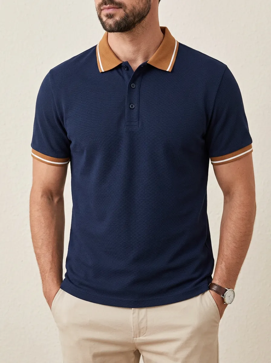 Men's Classic Knit Ribbed Textured Contrast-Collar Tipped-Sleeve Polo Shirt