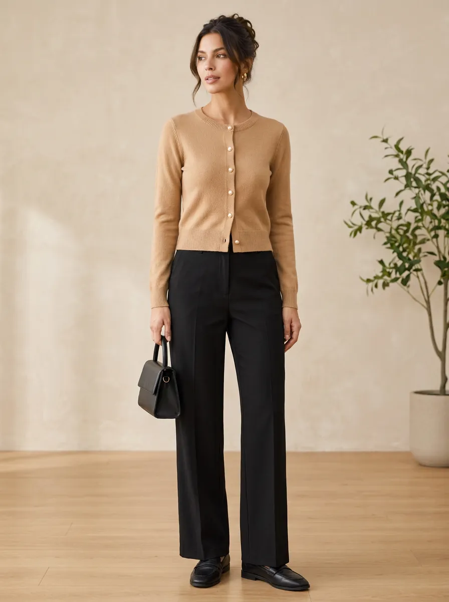 Women's Casual Minimalist Camel Pearl Button Knitted Cardigan Top