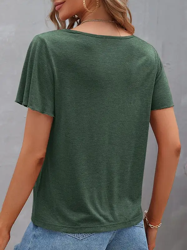 Relaxed Curve Fit Cutout Panel Detail V-Neck Polyester T-Shirt