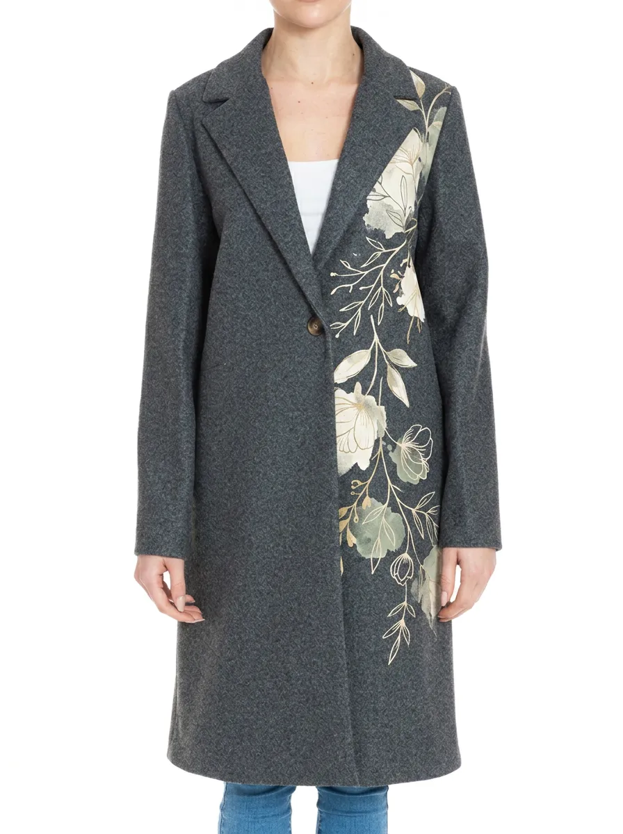 Women's Sleeve Detail Floral Art Grey Wool Blend Coat