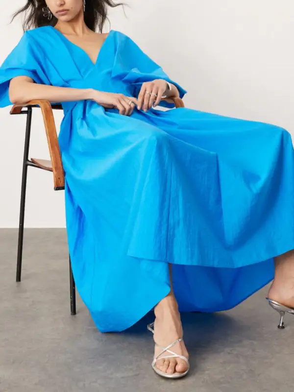 V Neck Short Sleeve In Midi Dress