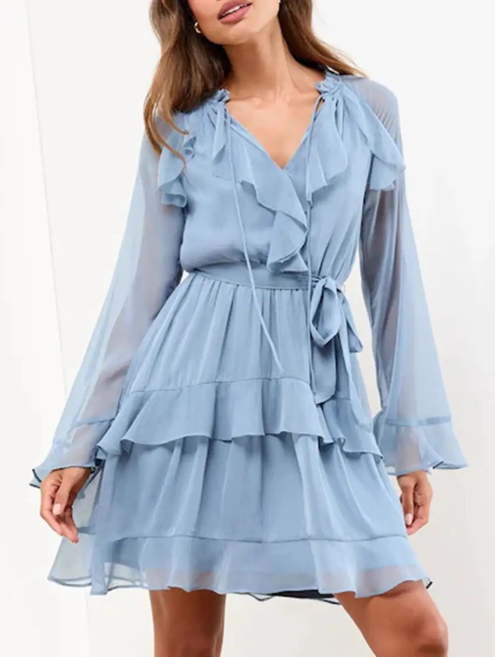 V-Neck Ruffle Bell Sleeve Slim Dress