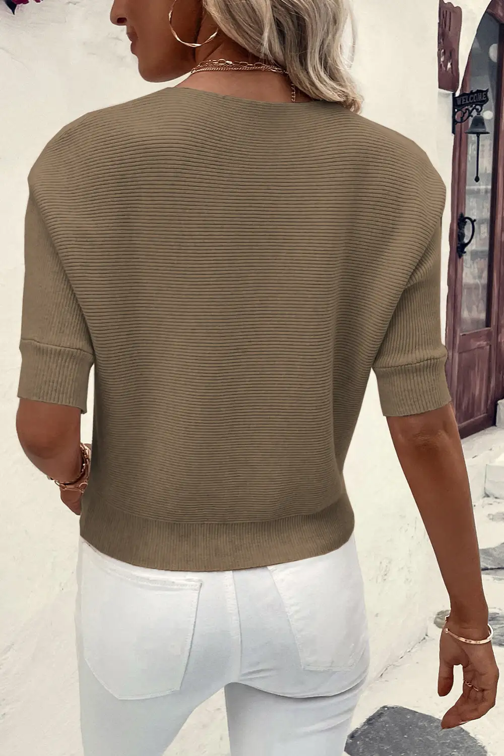 Round Neck Half Sleeve Ribbed Knit Sweater