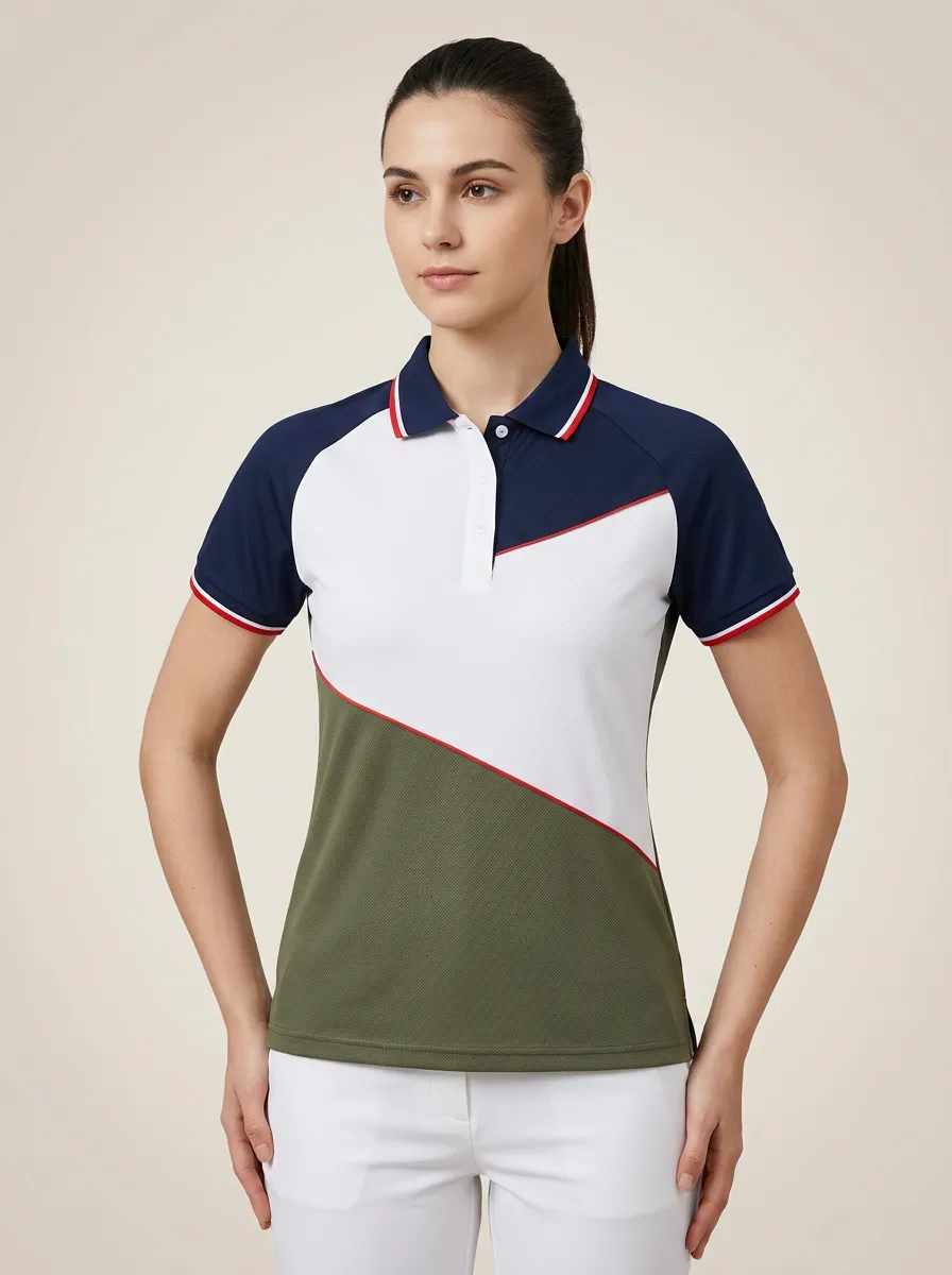 Women's Navy, White, and Olive Color-Block Polo Shirt