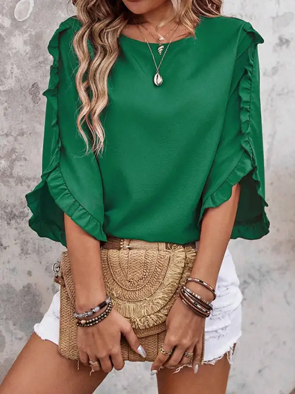 Relaxed Three Quarter Sleeves Ruffle Trim Round Neck T-Shirt