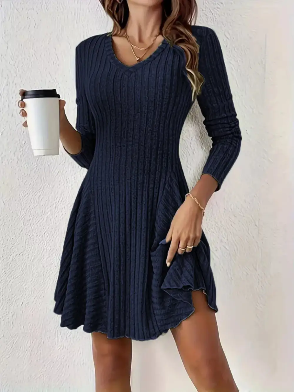 Ribbed Knit Long Sleeve Sweater Dress