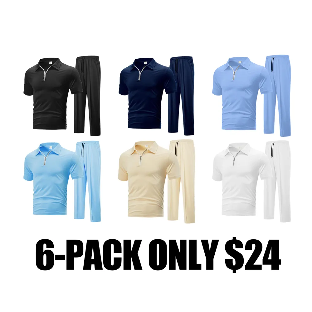 Men's Plain Half Zip Up Shortsleeve Polo Shirt & Drawstring Waist Pants Two-piece Set