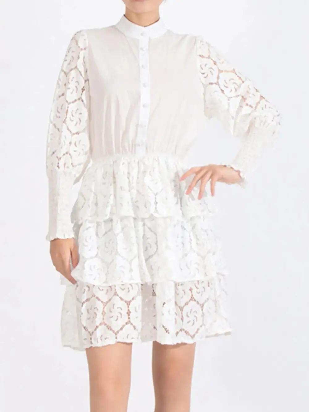 Textured Detail Lace Long Sleeve Dress