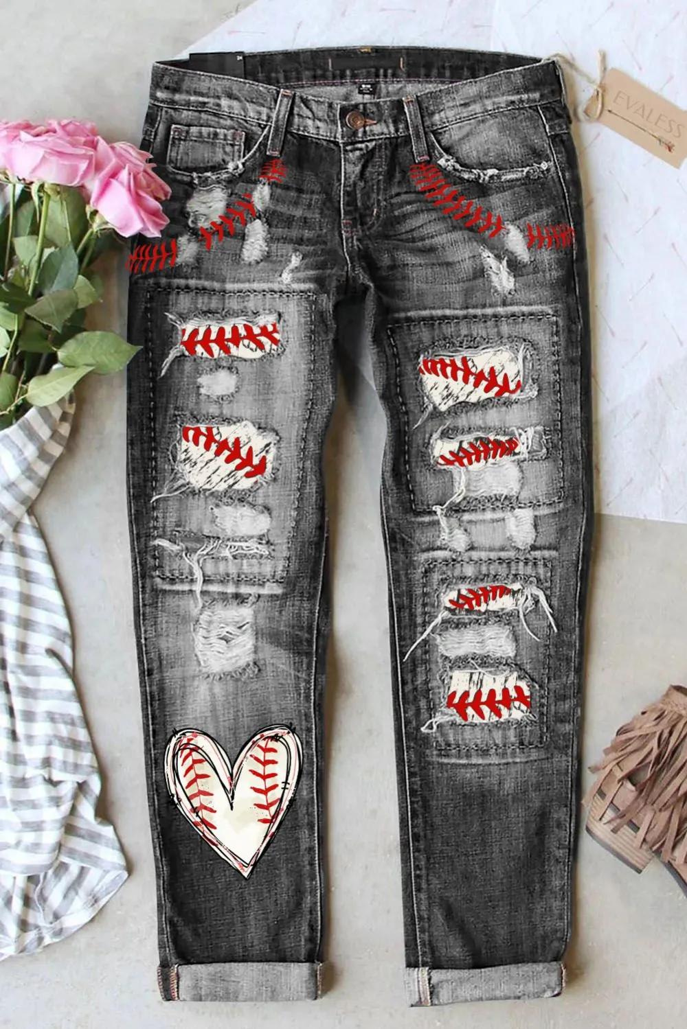 Baseball Heart Shift Casual Ripped Jeans