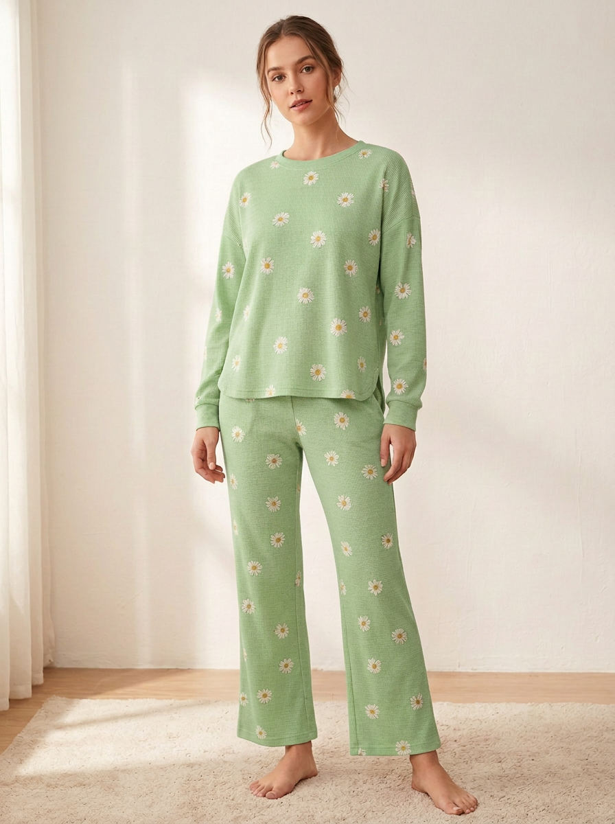 Women's Daisy Waffle-Texture Curved-Hem Wide-Leg Lounge Set