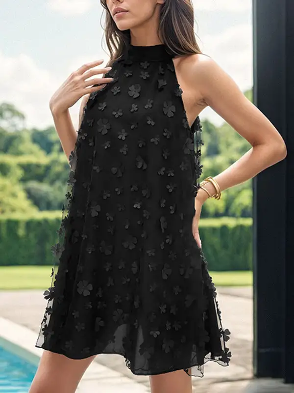 A Line Sleeveless Mesh Solid Color Split Joint Three Dimensional Flower