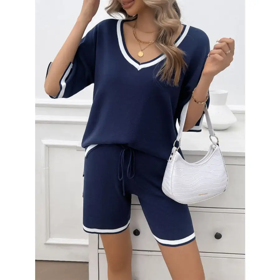 Contrast Trim V Neck Top and Shorts Set