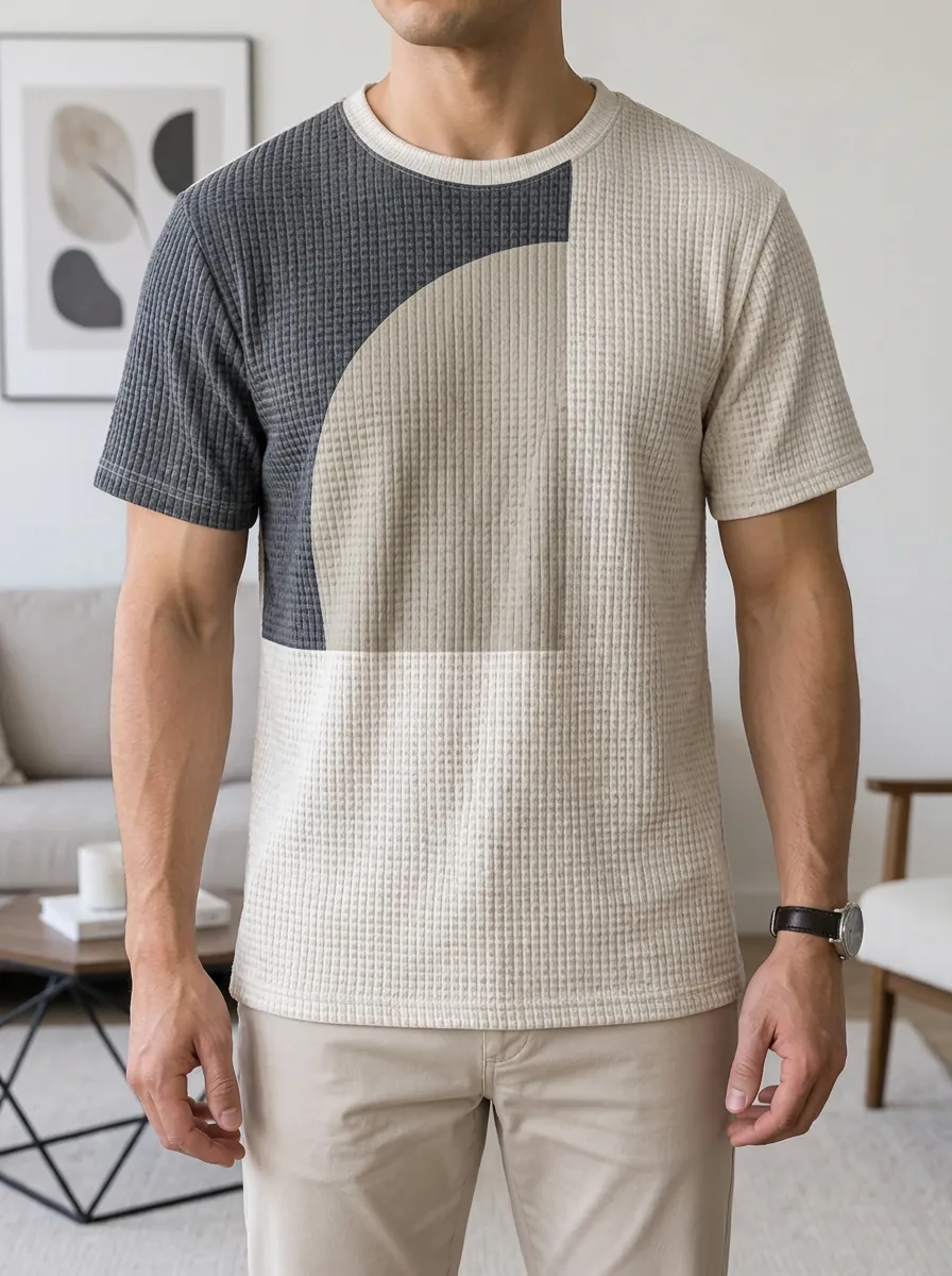 Men's Geometric Colorblock Waffle Knit Studio Crew Neck T-Shirt