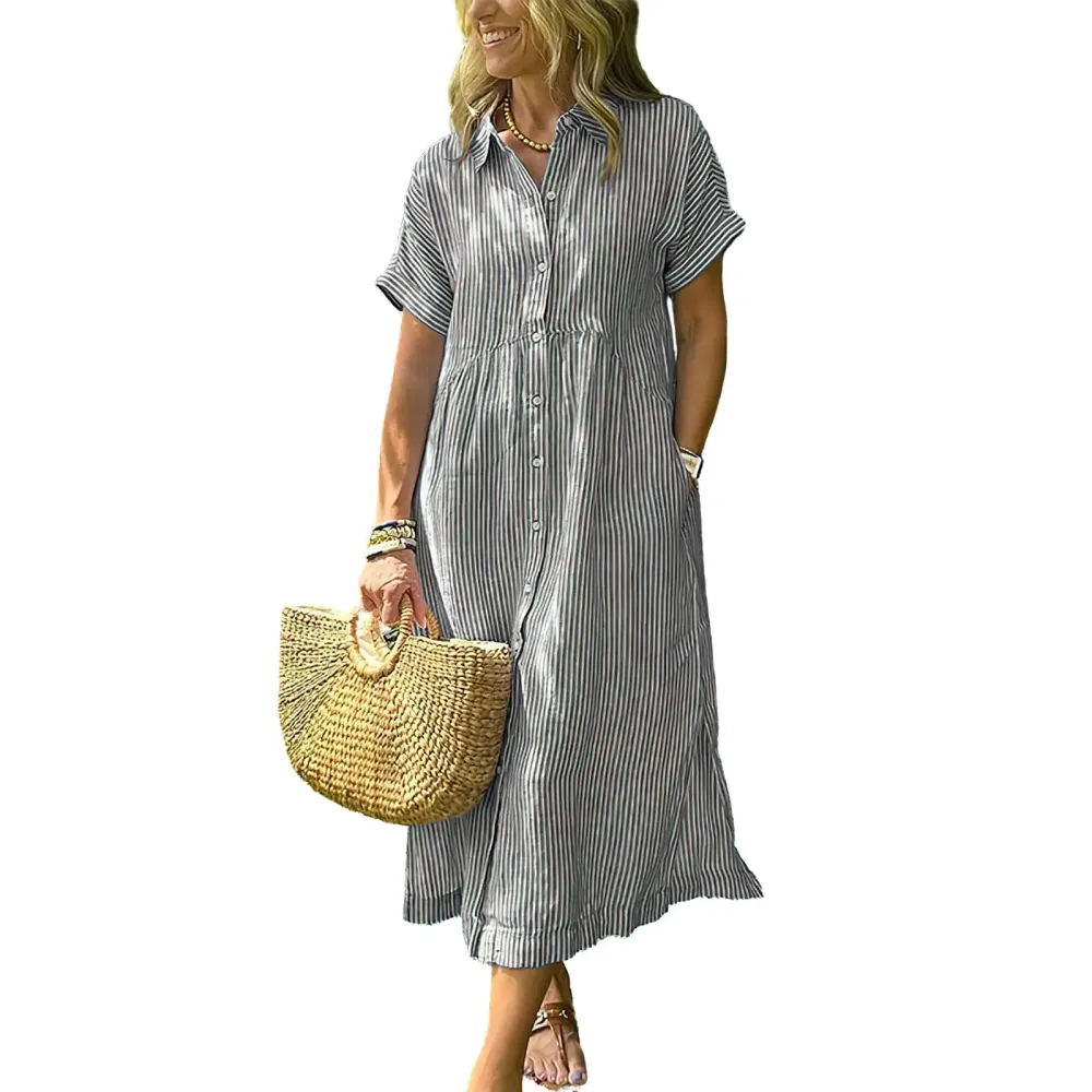 Women‘s Boho Striped Shirt Dress Button Down Loose Midi Dress with Pockets and Side Slit