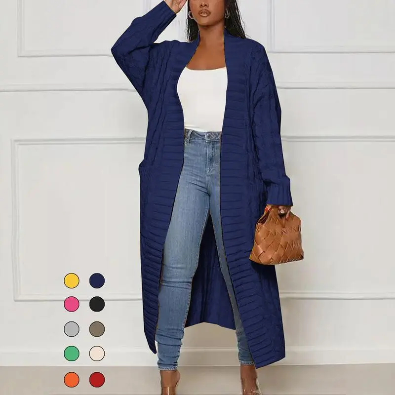 Women'S Solid Color Textured Drop Shoulder Pocket Longline Cardigan, Casual Open Front Long Sleeve Knitwear For Fall & Winter, Women'S Knit Clothing For Daily Wear, Lady Baggy Cardigans For Women, Womenswear, Casual Knit Top