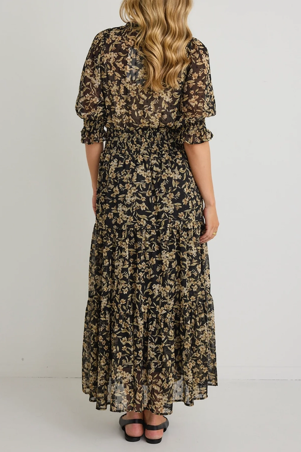 Black Gold Floral V - Neck Tiered Dress