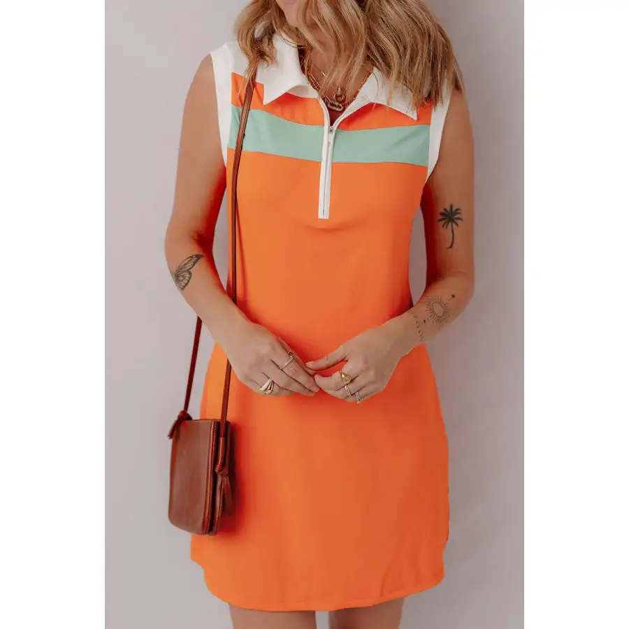 Quarter Zip Collared Neck Sleeveless Mini Dress