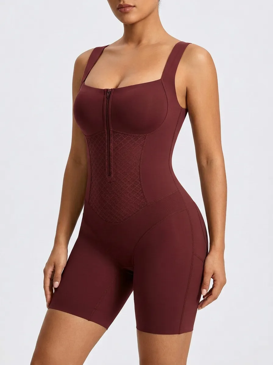 Women's Tummy Control Brown Zippered Diamond-Textured Shapewear Bodysuit