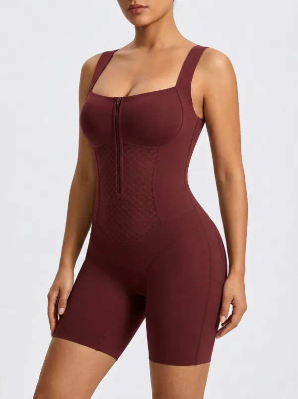 Women's Tummy Control Brown Zippered Diamond-Textured Shapewear Bodysuit