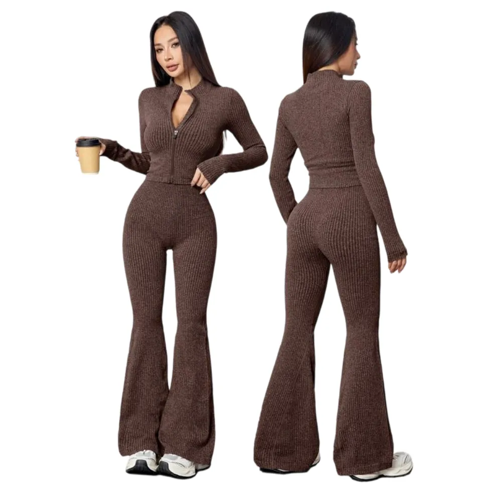 Women's Two-Piece Set, Autumn Winter Knit Ribbed Jacket & High-Waisted Flare Pants