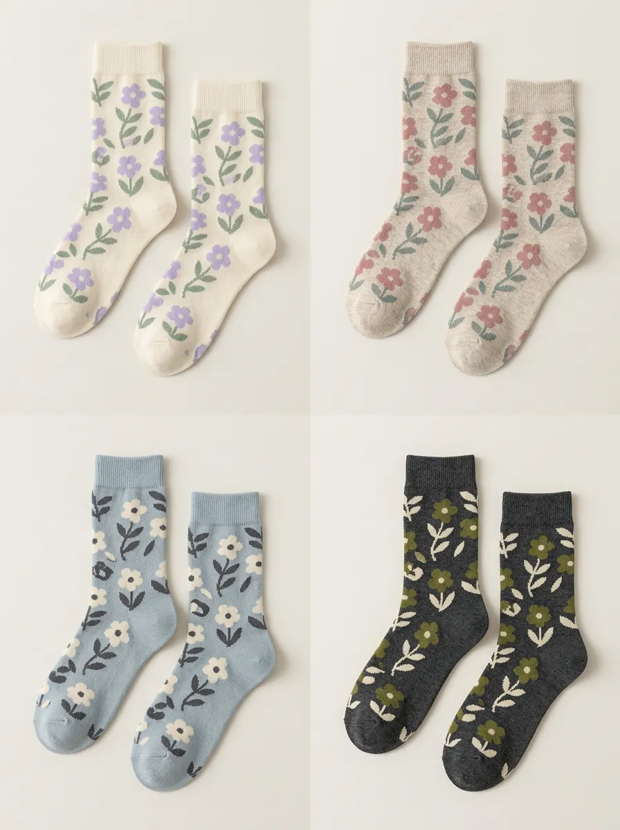 Women's Allover Floral Ribbed Crew Socks Four Pair Set