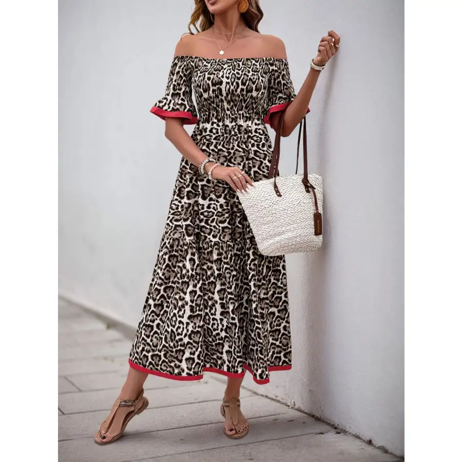 Off-Shoulder Flounce Sleeve Midi Dress