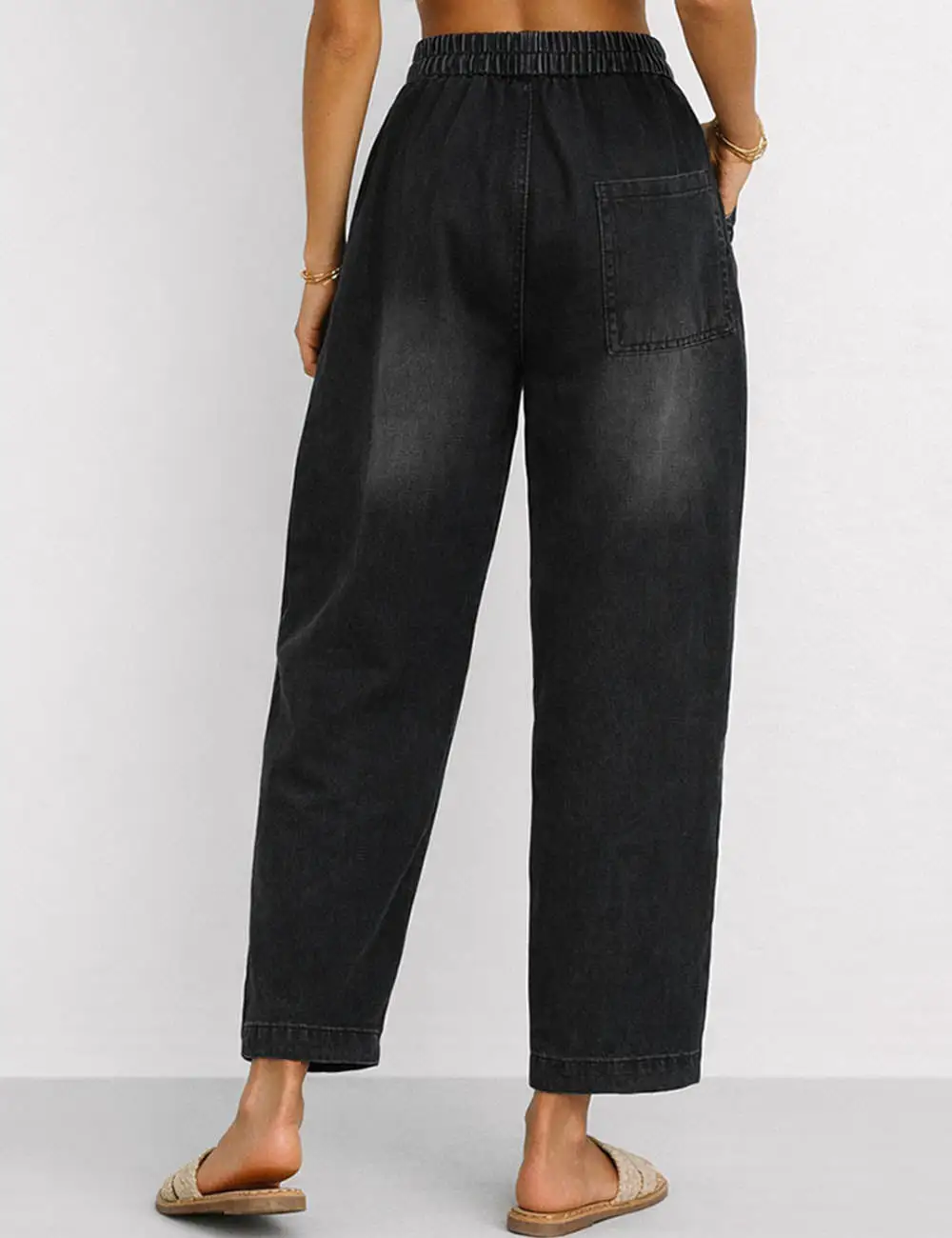 Letter Print Elastic Waist Distressed Barrel Leg Denim Pants