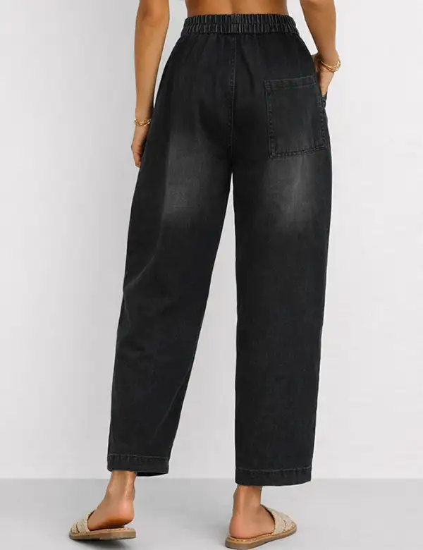 Letter Print Elastic Waist Distressed Barrel Leg Denim Pants