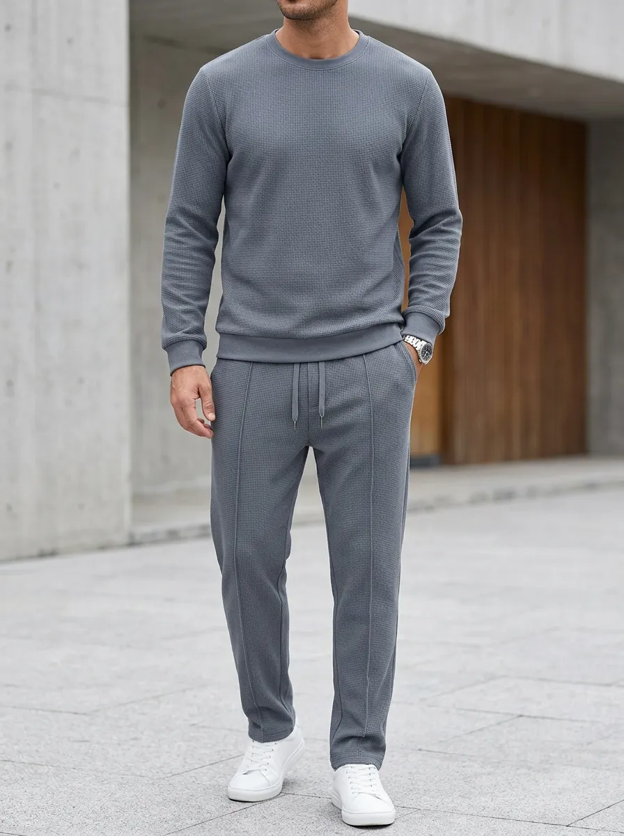 Minimal Waffle Knit Waffle Texture Modern Look Men's Waffle Knit Lounge Set