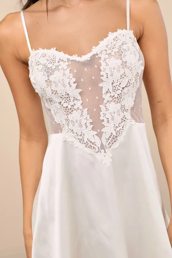 Damilia Ivory Sheer Lace Satin Lingerie Slip