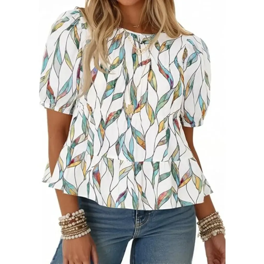 Womens Puff Sleeve Peplum Babydoll Tops