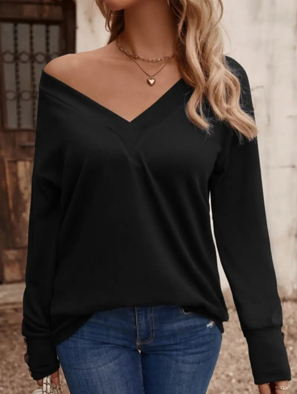 V Neck Button Loose Long Sleeve Tee