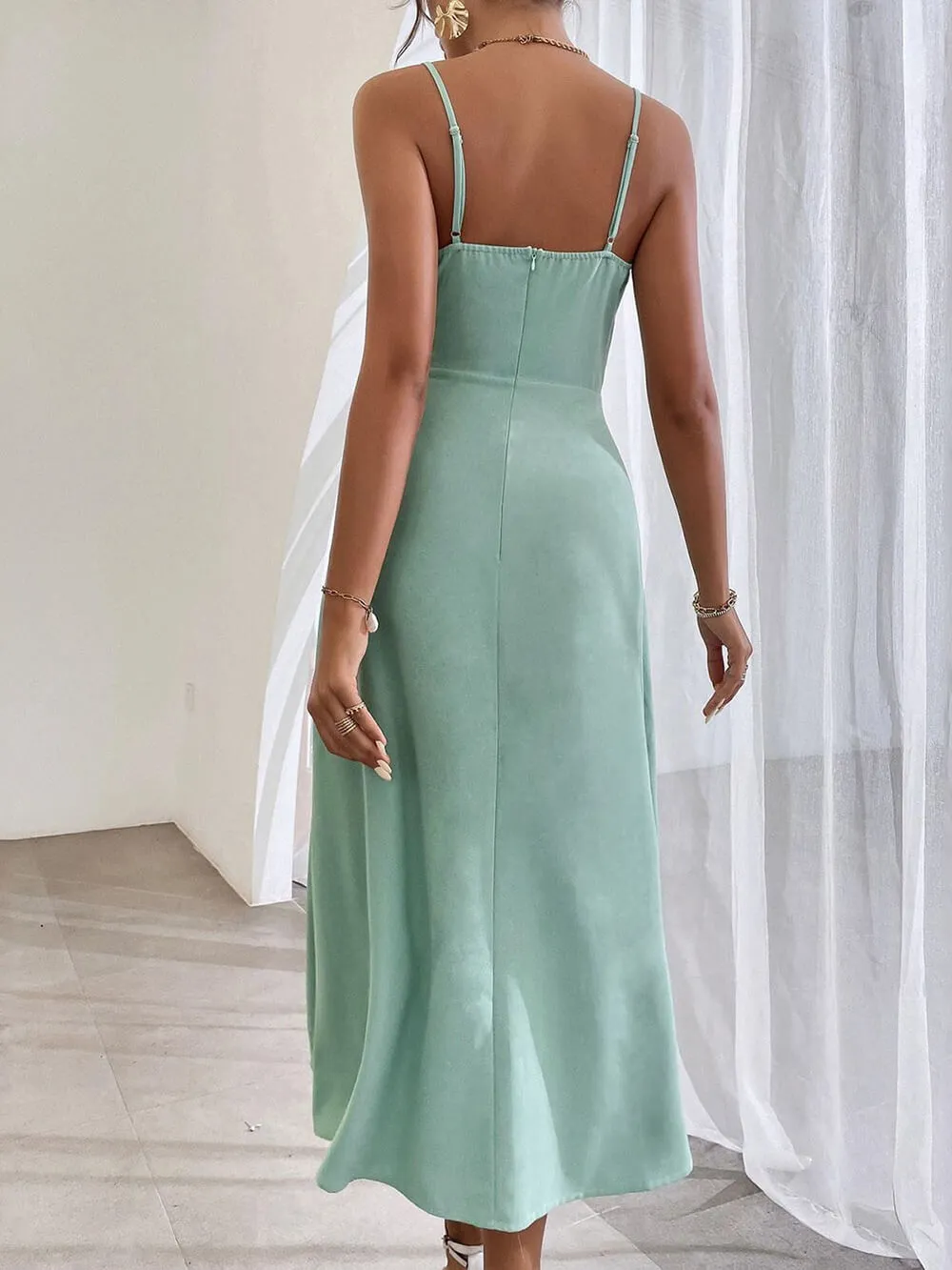 Elegant Spaghetti Strap Pleated Leg Slit Midi Dress